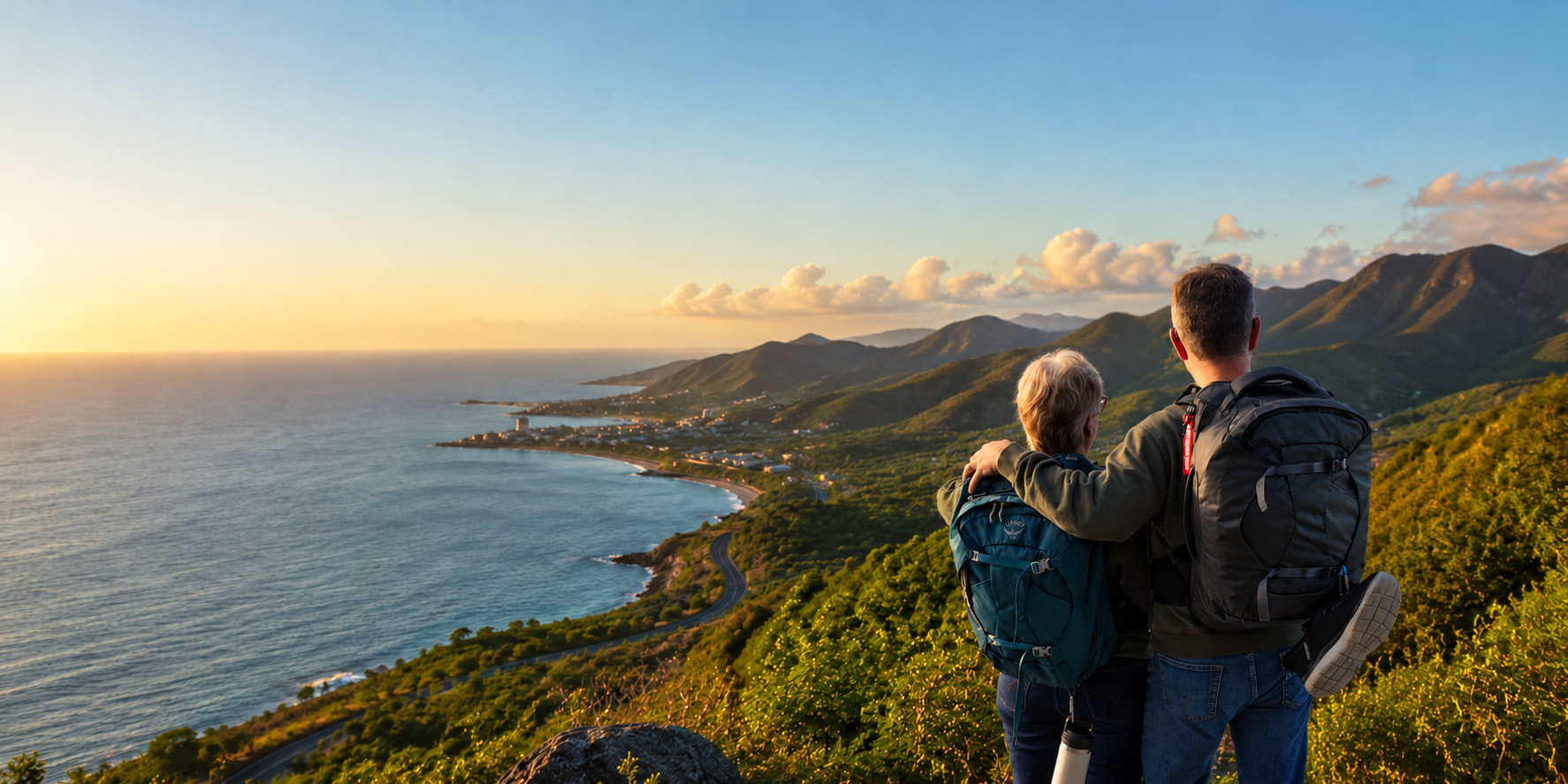 Ray and Alana with their backpacks overlooking a sunlit coastline